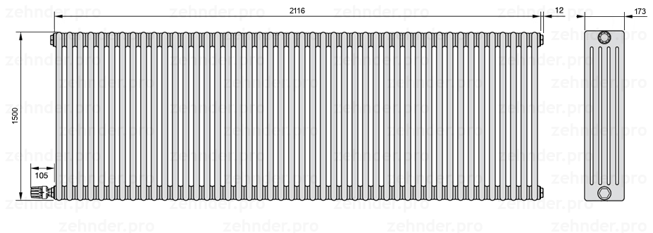 Схема (чертеж) Радиатор Zehnder Charleston 5150/46 №V003 Белый глянцевый RAL 9016